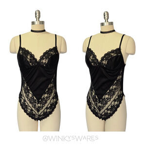 Vintage Black Lace Teddy Bodysuit Size 34 S Dolores Poirette Pin Up Retro